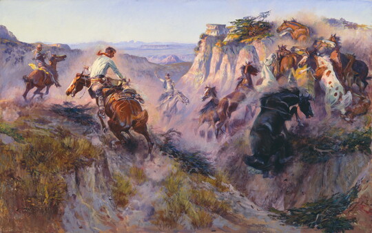 An oil painting of cowboys on horseback trying to rope a herd of horses running up a steep, rocky cliff.