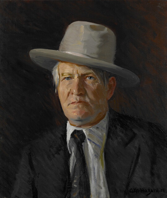 An oil painting portrait of a White man in a cowboy hat, black jacket, white shirt, and black tie.