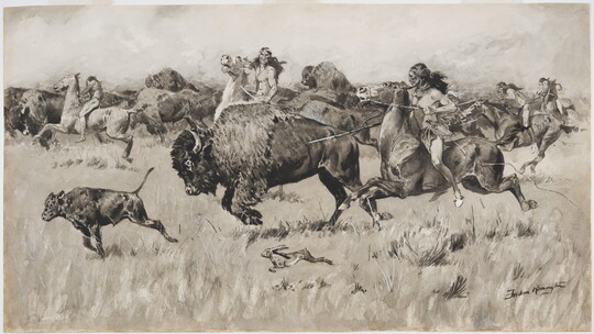 An ink drawing of Indigenous figures on horseback hunting a bison and her calf with spears.