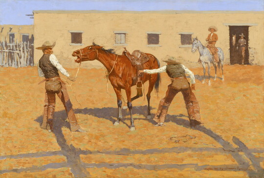 A oil painting of two cowboys approaching a frightened horse in a corral as two others watch from the background.