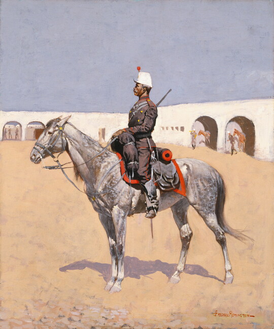 An oil painting of a uniformed soldier sitting on a gray horse.