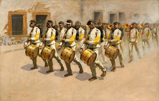 A painting of lines of men in military uniforms marching down a dirt street beating drums, playing trumpets, and holding rifles.