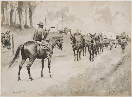 A black-and-white ink drawing of men on horseback holding pistols, surrounding a covered wagon led by horses.