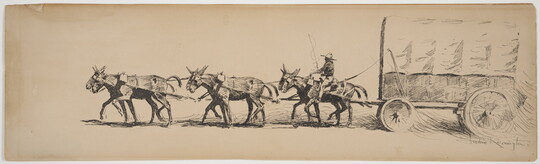 A black-and-white drawing of three pairs of mules and a rider pulling a covered wagon.