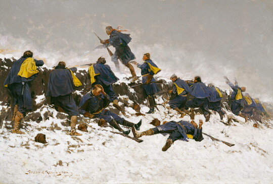 An oil painting of a group of soldiers in navy and yellow uniforms with rifles crouching below a snow-covered, rocky outcrop.