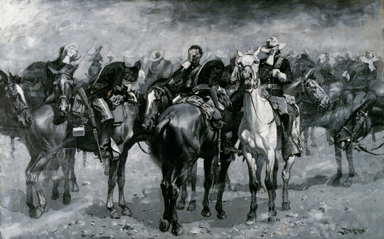A black-and-white oil painting of a group of soldiers on horseback covering their faces with their hats or hands.