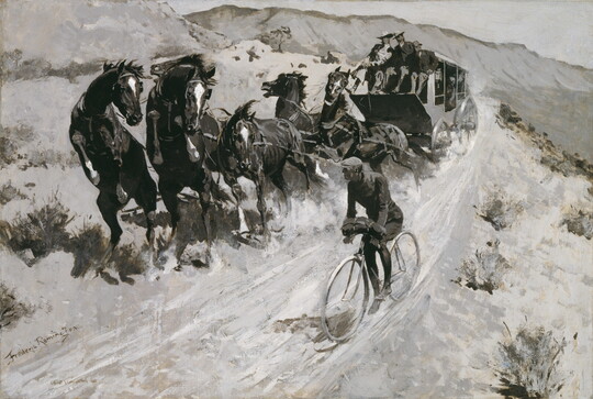 A black-and-white oil painting of a bicyclist riding down a mountain past rearing horses pulling a stagecoach.