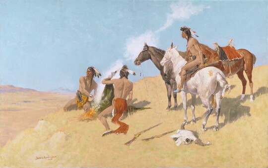 An oil painting of two Indigenous men sending smoke signals on the ground as another Indigenous man on horseback looks into the distance.