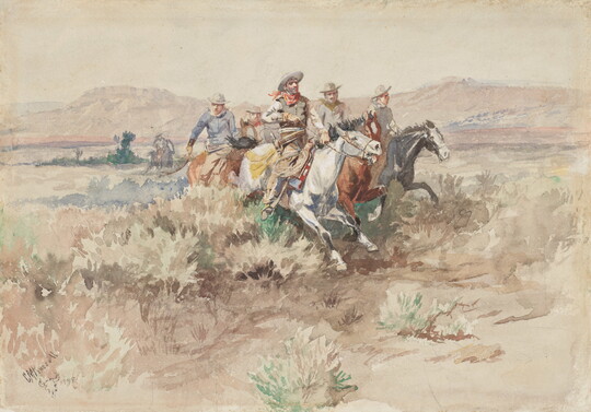 A watercolor of cowboys on horseback riding through clumps of grass on an open plain.