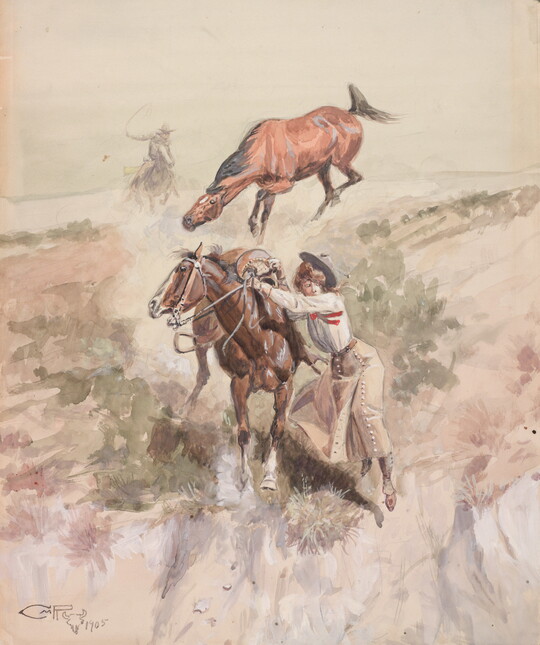 A watercolor painting of a White woman holding on to her horse to avoid falling off of a ledge as a cowboy rides toward a wild horse behind her.