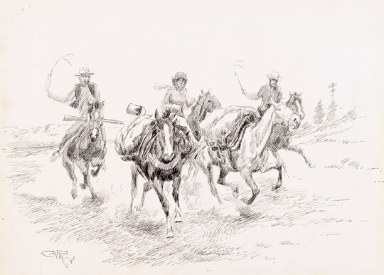 A black and white drawing of a group of people riding horses and using whips to move two additional horses that are carrying bags.
