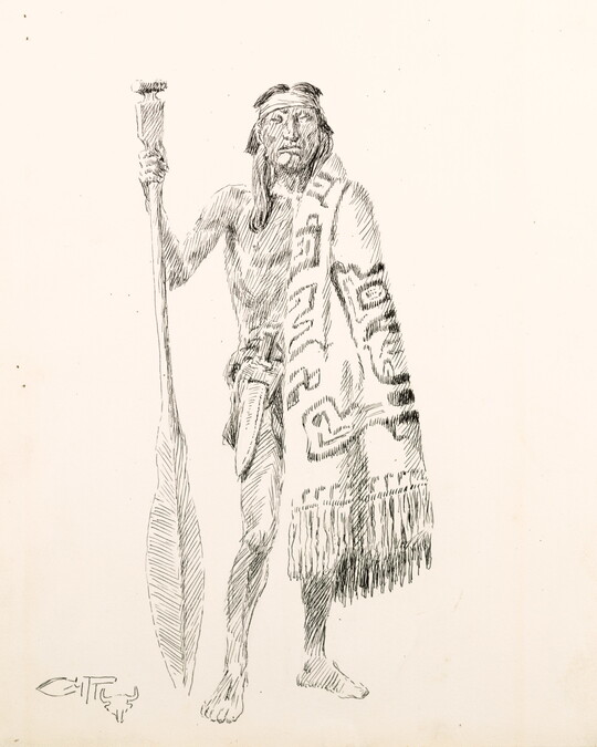 A black-and-white ink drawing of an Indigenous man holding a spear in one hand and a Native cloth draped over the right shoulder.