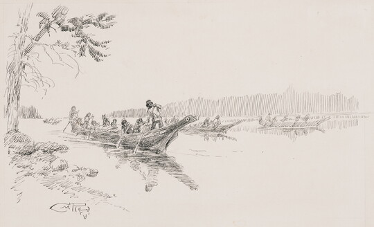 A black-and-white ink drawing of Indigenous people in three canoes on calm water.