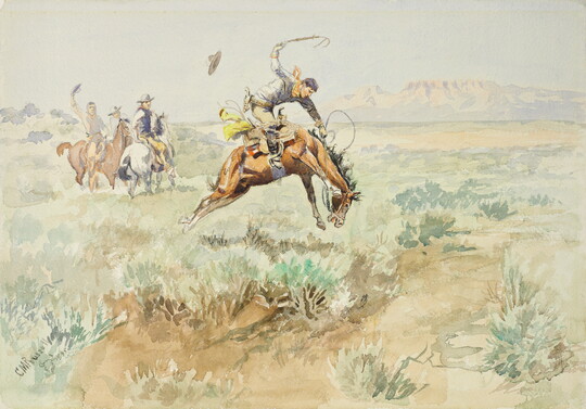 A watercolor of a cowboy hanging on to a bucking horse as other cowboys watch.