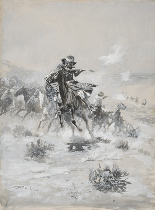 A black-and-white watercolor of a group of people riding horses in a battle and shooting firearms.