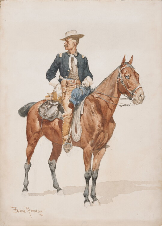 A watercolor portrait of a man in a military uniform on a chestnut colored horse.
