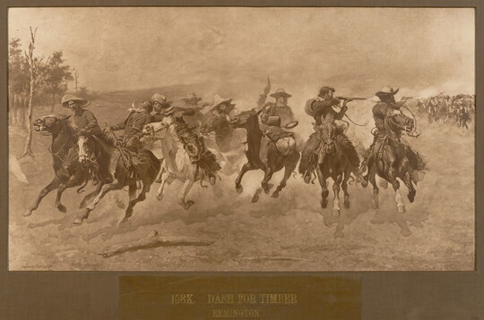 A black-and-white photograph of a painting of a group of men on horseback riding toward the viewer, shooting guns over their shoulders at people in pursuit.