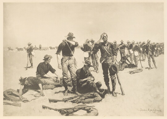 A black-and-white print of weary soldiers, many with rifles, standing, sitting, and lying in a field.