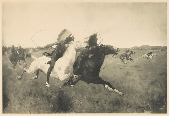 A black-and-white print of two Native Americans in traditional dress on running horses with other Native Americans on horses in the background.