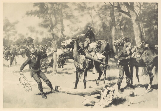A black-and-white print of soldiers, some on horseback and others standing and pulling on their horses' reins, in a wooded field.