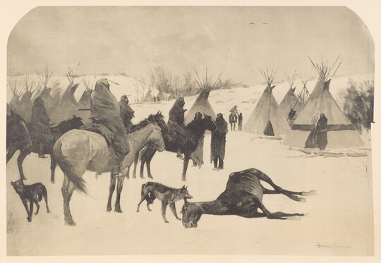 A black-and-white print of riders and their horses in snowy field of tipis; in the foreground, a dog sniffs a horse lying in the snow.