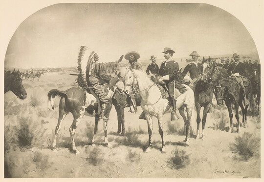 A black-and-white print of a mounted Indigenous man wearing a feathered headdress meeting with White men in military uniforms on horseback.