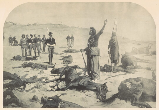 A black-and-white print of an Indigenous figure standing, with arm raised, surrounded by dead horses and men as uniformed White men stand nearby.