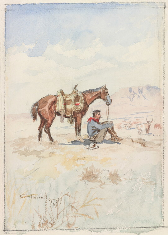 A watercolor of a horse in profile standing behind a White cowboy sitting on the ground smoking a cigarette.
