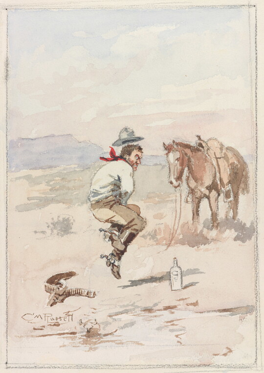 A watercolor of a wide-eyed grimacing White cowboy jumping with his legs crossed as his horse stands close by.
