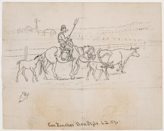A simple black-and-white drawing of a man smoking a pipe and holding a pitchfork as he rides a horse next to a cow, a calf, and a pony along a barbed wire fence.