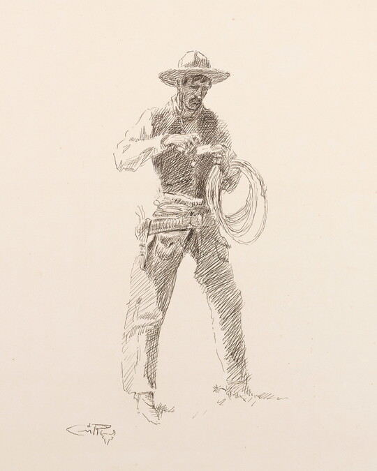 A black-and-white drawing of a standing cowboy, a rope looped around one arm, as he rolls a cigarette.
