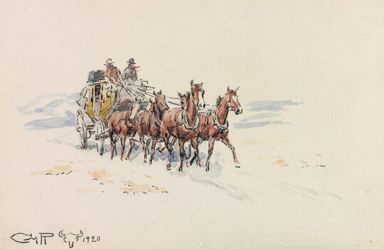 A watercolor painting of a stagecoach pulled by a team of horses.