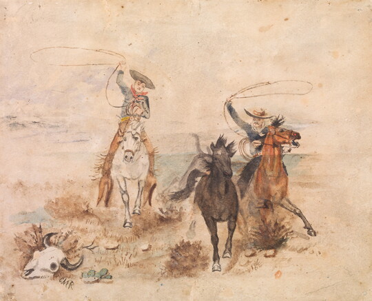 A watercolor painting of two cowboys on galloping horses trying to rope another horse.