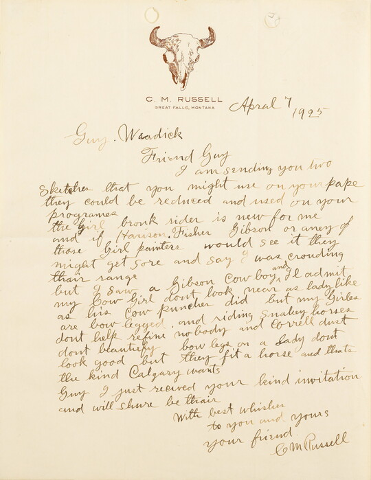 A hand-written letter in brown ink on stationery with a cow skull printed on top of the page.