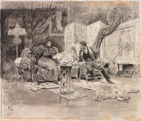 A black-and-white drawing of a man seated in front of an unfinished painting gesturing toward a woman seated nearby on a sofa.