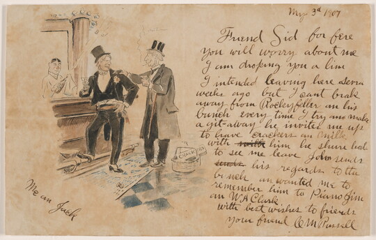 A handwritten letter next to a watercolor sketch of two White men, both in top hats and jackets, standing at a bar drinking.