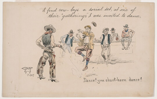 A watercolor drawing of a White cowboy dancing in a saloon as another cowboy shoots at his feet, and several others watch from the bar.