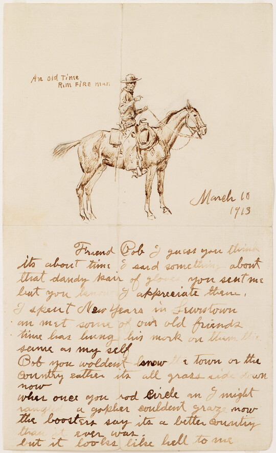 A watercolor illustration in brown of a cowboy on a horse above a letter written in cursive.