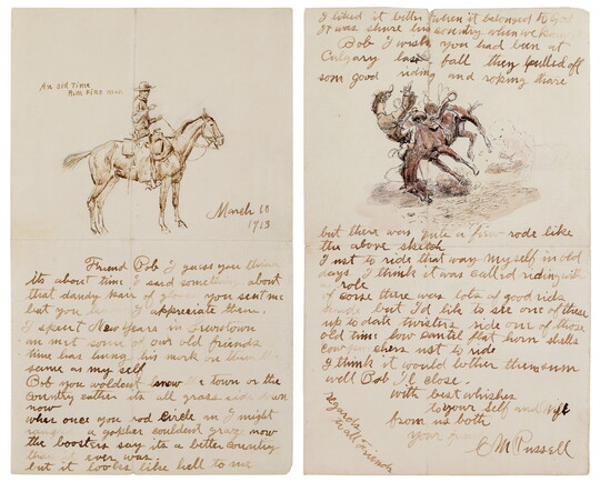 Page 1: A watercolor illustration in brown of a cowboy on a horse above a letter written in cursive; and Page 2: a handwritten letter with a watercolor drawing of a cowboy being thrown head-over-heels off a bucking horse.