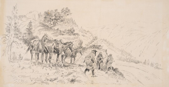 A black-and-white drawing of three saddled horses and three figures wearing coats and cowboy hats standing on a hillside.
