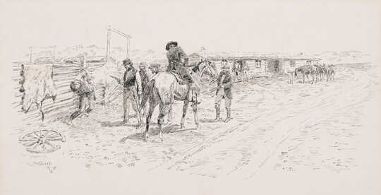 A black-and-white drawing of a man on horseback and other bystanders watching a man with a pistol shoot a man tied to a fence.