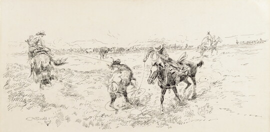 A black-and-white drawing of two cowboys on horseback roping a steer on a plain.