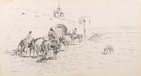 A black-and-white drawing of a group of people leading their horses along the outside of a fort wall.
