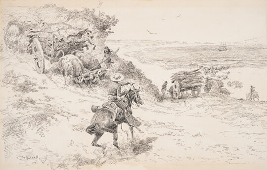 A black-and-white drawing of a cowboy directing ox-pulled carts carrying cowhides down a hill. 
