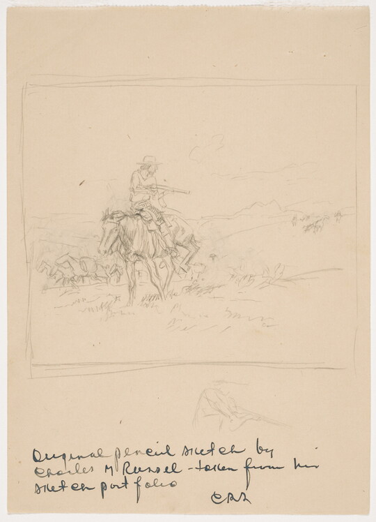 A sketch of a cowboy on a galloping horse pointing a rifle behind him.