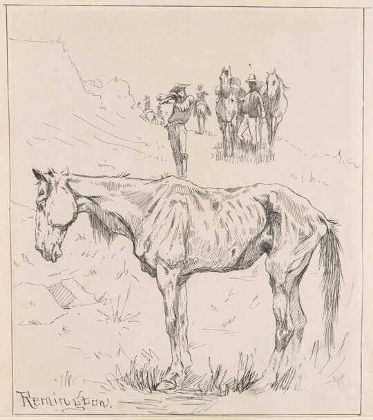 A drawing of a cowboy aiming his gun at a malnourished horse.