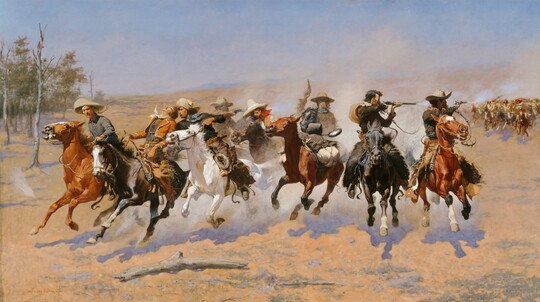 An oil painting of a group of men on horseback riding directly toward the viewer, shooting guns over their shoulders at people in pursuit.