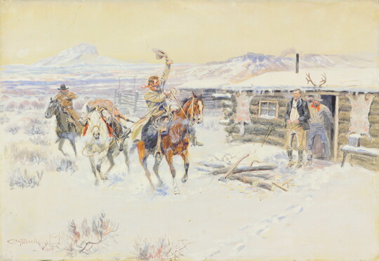 A watercolor of two cowboys on horseback riding away from two other men standing in the door of a log cabin in a snowy setting.