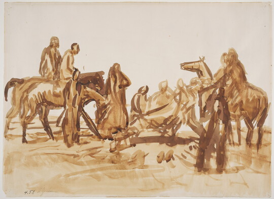 An ink sketch of cowboys on horseback gathered around dark brushstrokes on the ground.