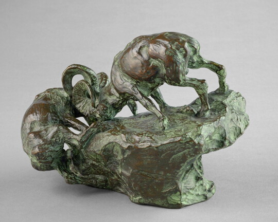 A bronze sculpture of two mountain sheep fighting on the edge of a rock.